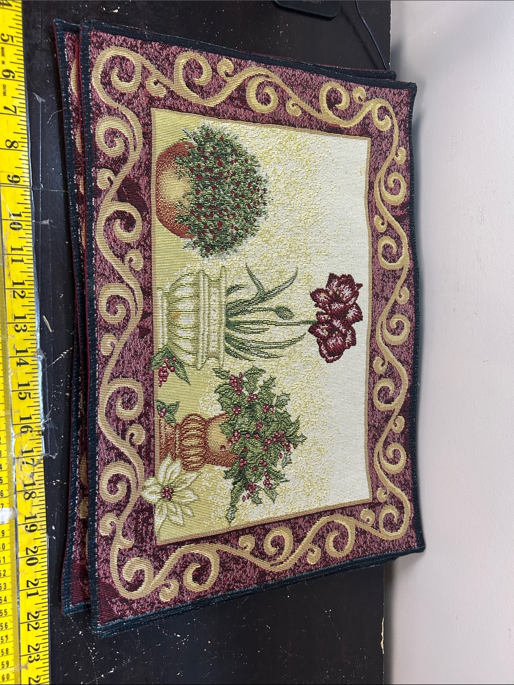 Christmas Topiary Tapestry Placemats Burgundy Gold Holiday Décor set of 4 - Picture 2 of 9